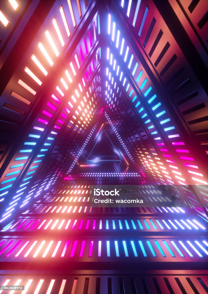 3d render, neon lights, triangle tunnel, abstract geometric background Futuristic Stock Photo