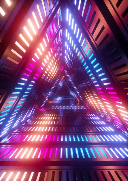 Photo of 3d render, neon lights, triangle tunnel, abstract geometric background