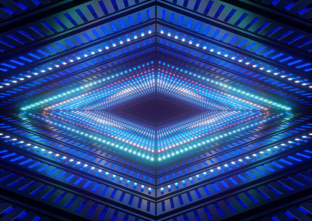 istock 3d render, blue neon lights, bright colorful tunnel, abstract geometric background 842809086