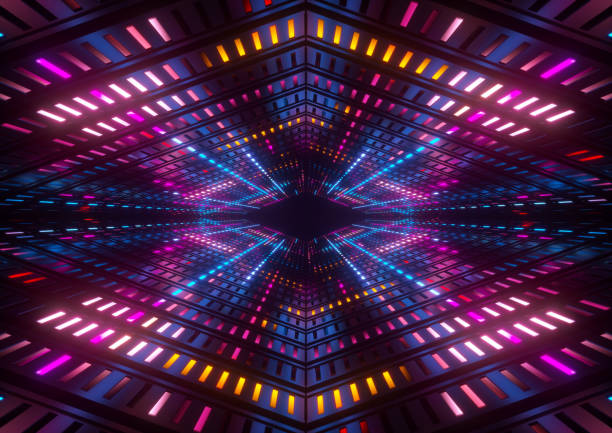 3d render, pink blue yellow neon lights, bright colorful tunnel, abstract geometric background