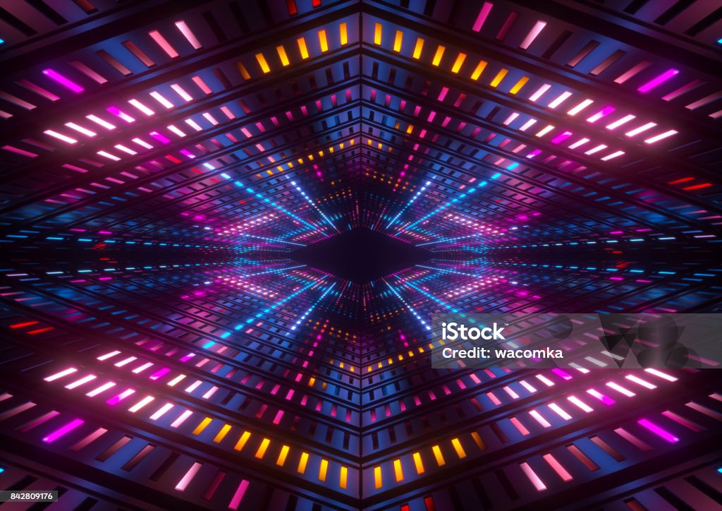 3d render, pink blue yellow neon lights, bright colorful tunnel, abstract geometric background Nightclub Stock Photo