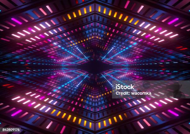 3d Render Pink Blue Yellow Neon Lights Bright Colorful Tunnel Abstract Geometric Background Stock Photo - Download Image Now