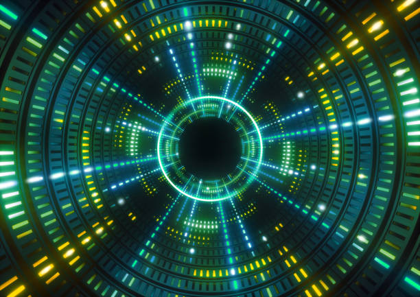 istock 3d render, green neon lights, round green tunnel, abstract geometric background 842809272