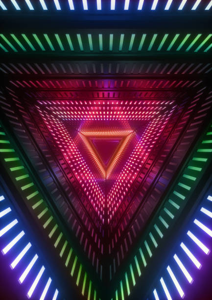 istock 3d render, colorful neon lights, blue triangle tunnel, abstract geometric background 842809360