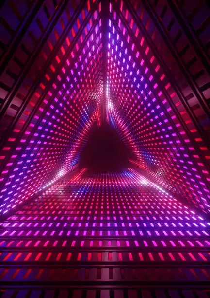 Photo of 3d render, neon lights, triangle tunnel, abstract geometric background