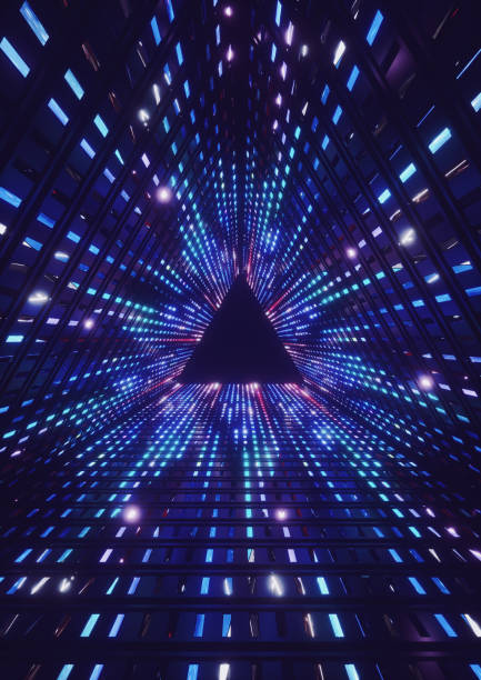 3d render, blue neon lights, led, triangle tunnel, abstract geometric background