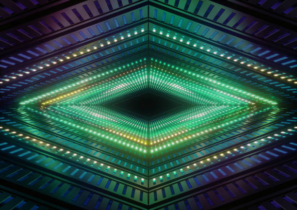 istock 3d render, neon lights, green tunnel, abstract geometric background 842809608