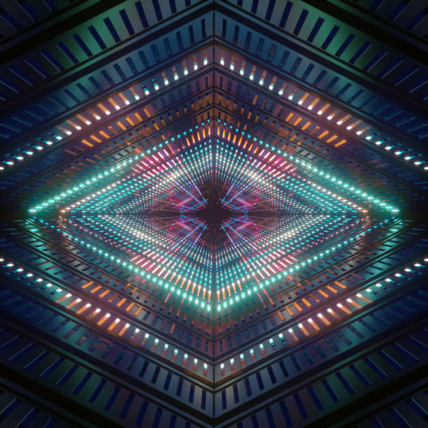 istock 3d render, neon lights, blue tunnel, abstract geometric background 842809644