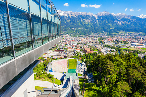 INNSBRUCK, AUSTRIA - MAY 22, 2017: The Bergisel Sprungschanze Stadion is a ski jumping hill stadium located in Bergisel in Innsbruck, Austria