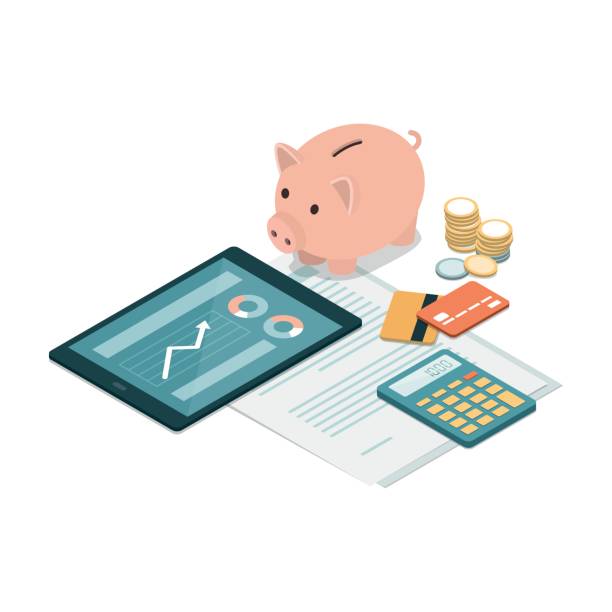 Investments and savings Piggy bank, credit cards, tablet, calculator and money on a financial contract: deposit, funds, savings and investments concept financial loan illustrations stock illustrations