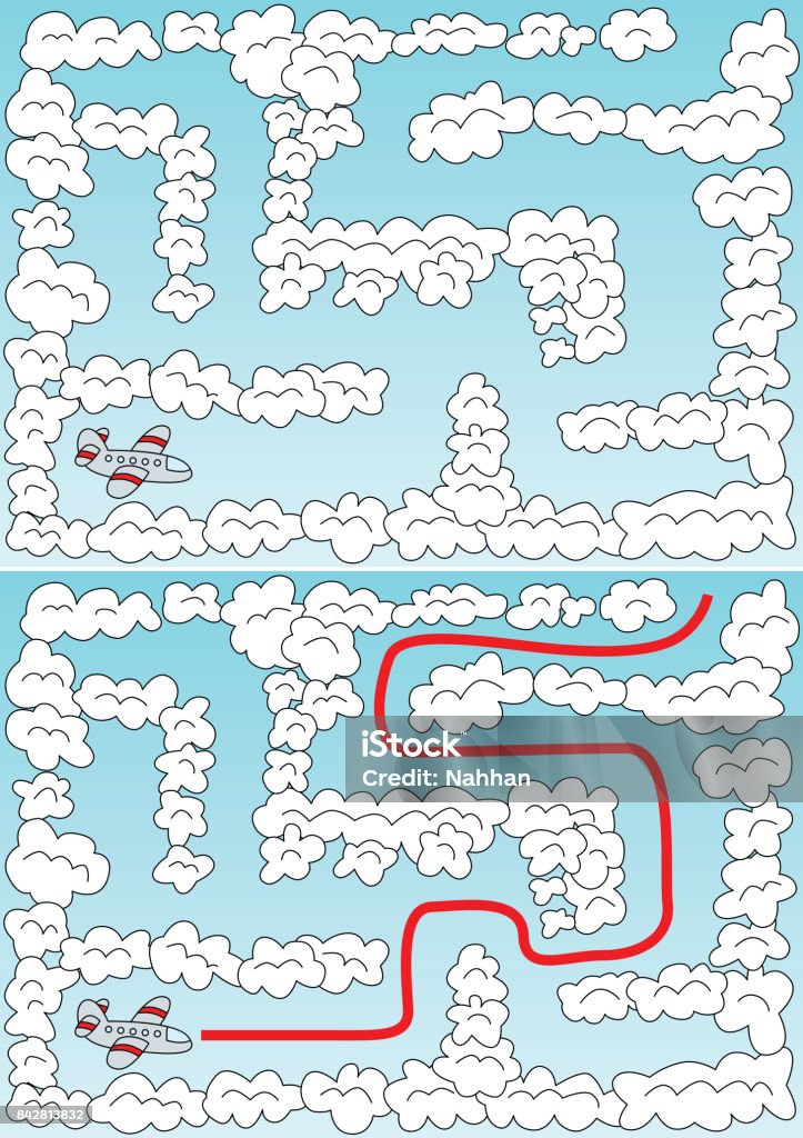 Easy airplane maze Easy airplane maze for younger kids with a solution Cloud - Sky stock vector