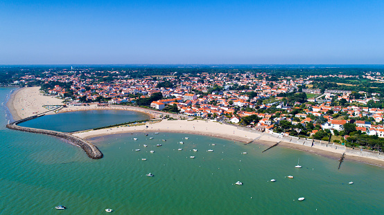 An aerial photo of La Bernerie en Retz village and beach in Loire Atlantique