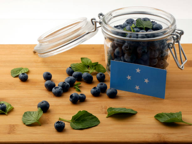 istock Micronesian flag on a wooden plank with blueberries isolated on white 842820636