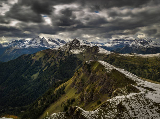 The first snow, dolomites, mountain range, cloudiness, alps, tyrole,