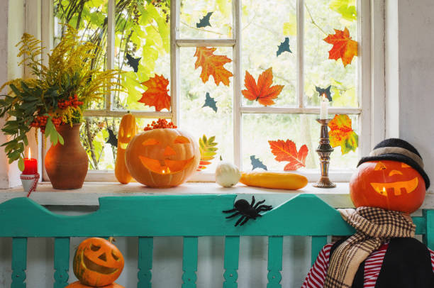 halloween pumpkin and decoration indoor stock photo