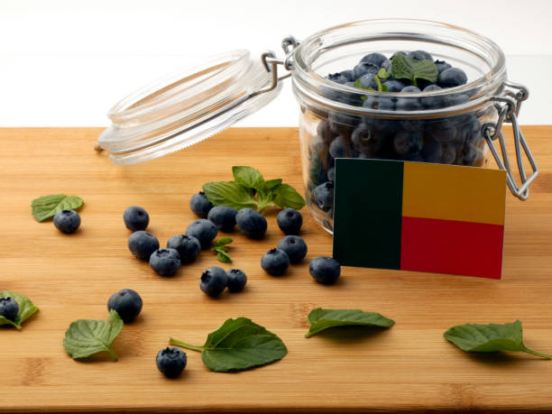 istock Benin flag on a wooden plank with blueberries isolated on white 842825320