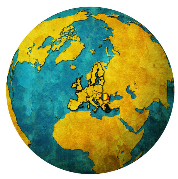 romania location with national flag over territory of european union member countries on globe map isolated over white