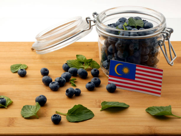 istock Malaysia flag on a wooden plank with blueberries isolated on white 842826648