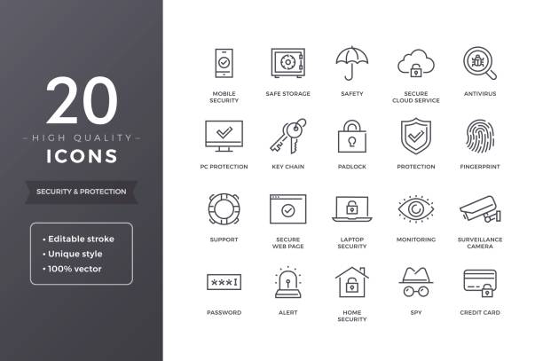 ilustrações de stock, clip art, desenhos animados e ícones de security line icons - key locking lock symbol