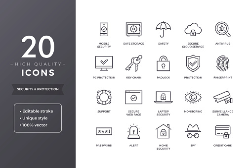 Security and protection line icons. Cyber web safety and privacy icon set with editable stroke