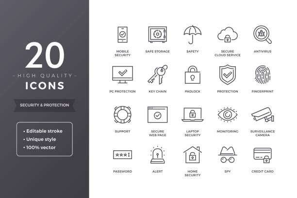 Security Line Icons Security and protection line icons. Cyber web safety and privacy icon set with editable stroke security staff stock illustrations