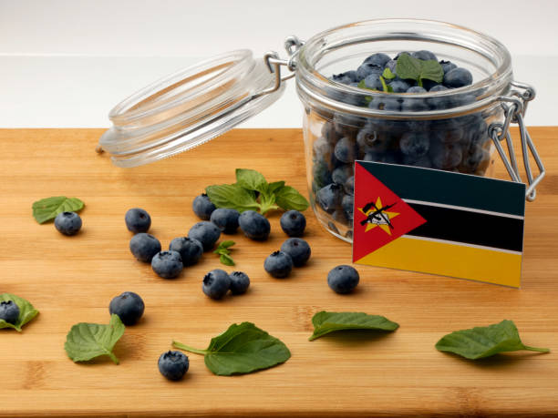istock Mozambique flag on a wooden plank with blueberries isolated on white 842840044