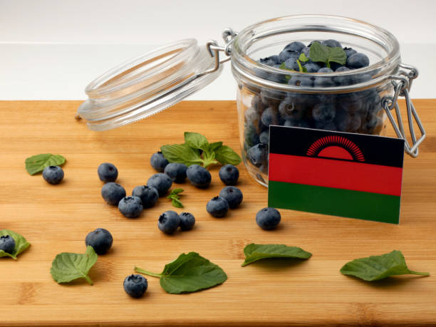 istock Malawi flag on a wooden plank with blueberries isolated on white 842840112