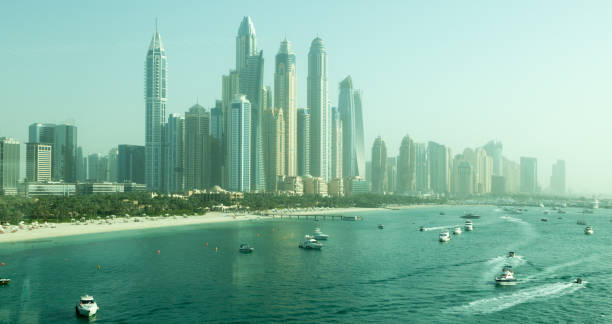 istock Dubai Marina, panoramic view from the sea 842841194
