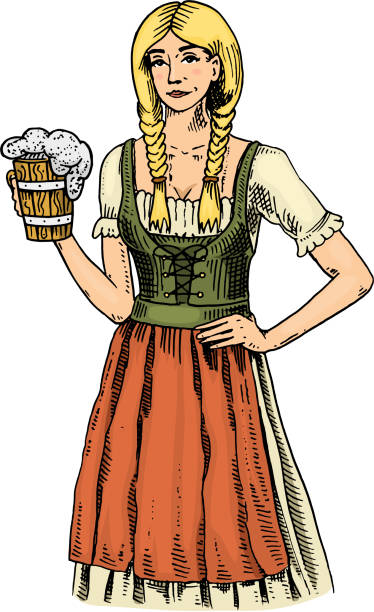 ビールと伝統的なベルギーやバイエルンの服の女性。web やパブのメニューの古いスケッチとビンテージ スタイルで描画インク手に刻まれました。オクトーバーフェストのデザイン - oktoberfest点のイラスト素材／クリップアート素材／マンガ素材／アイコン素材