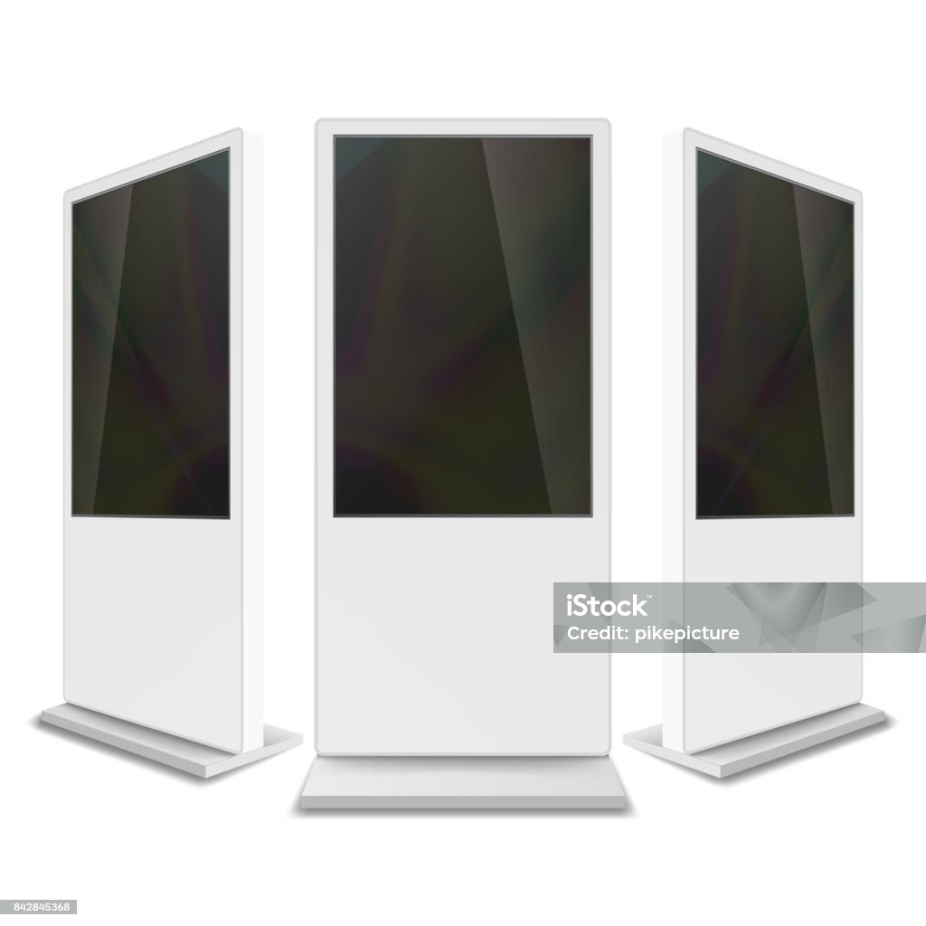 Advertising Touch Screen Vector. Mock Up For Showcase Products, Events, Advertising. Floor Standing. Isolated Illustration Portable Interactive Digital Signage. White Clean Empty Digital Display. Isolated Illustration Kiosk stock vector