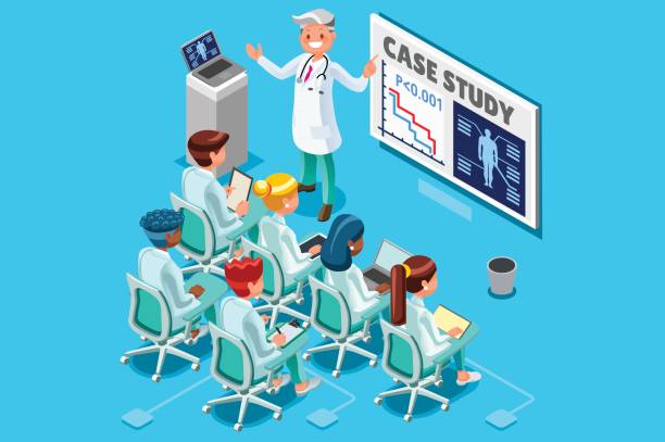 Clinic Medical Research Isometric People Vector Clinic medical research trial isometric people meeting or doctor training health infograph 3D flat cartoon character vector illustration. research foundation stock illustrations