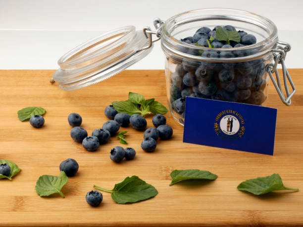 istock Kentucky flag on a wooden plank with blueberries isolated on white 842848538