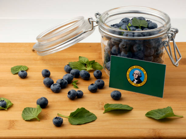 istock Washington flag on a wooden plank with blueberries isolated on white 842849534