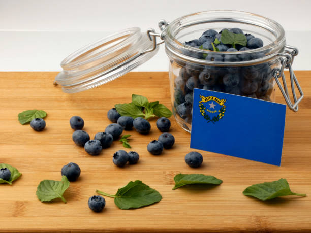 istock Nevada flag on a wooden plank with blueberries isolated on white 842849904