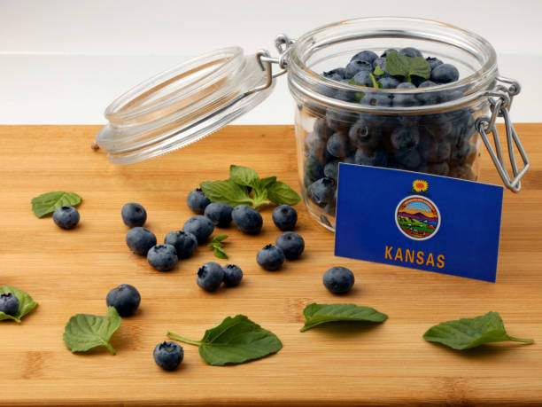 istock Kansas flag on a wooden plank with blueberries isolated on white 842852440