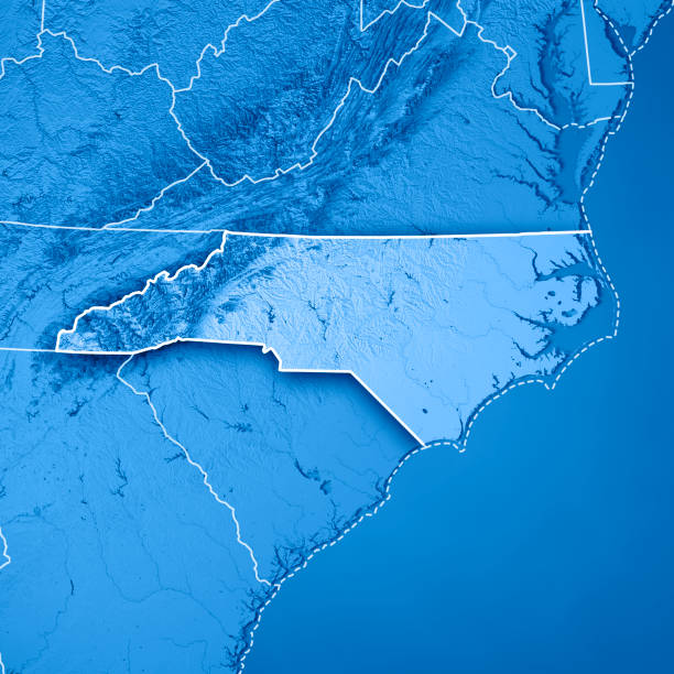 north carolina state usa 3d render topographic map blue border - carolina do norte estado dos eua imagens e fotografias de stock