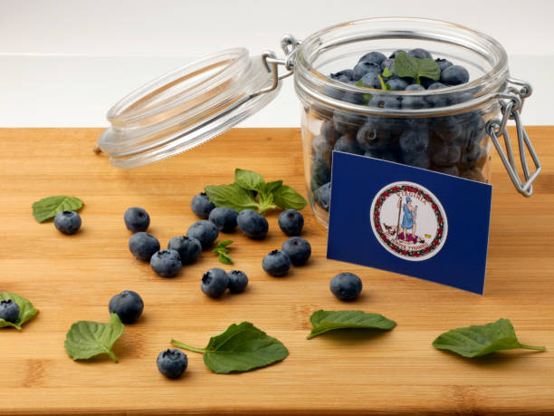 istock Virginia flag on a wooden plank with blueberries isolated on white 842852866