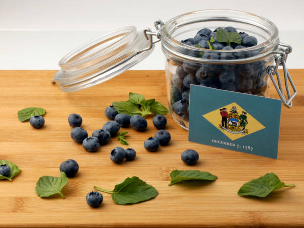 istock Delaware flag on a wooden plank with blueberries isolated on white 842852910