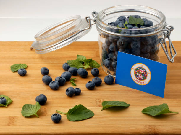 istock Minnesota flag on a wooden plank with blueberries isolated on white 842852972