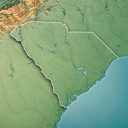 3D Render of a Topographic Map of the State of South Carolina, USA.\nAll source data is in the public domain.\nColor texture: Made with Natural Earth. \nhttp://www.naturalearthdata.com/downloads/10m-raster-data/10m-cross-blend-hypso/\nBoundaries Level 1: USGS, National Map, National Boundary Data.\nhttps://viewer.nationalmap.gov/basic/#productSearch\nRelief texture and Rivers: SRTM data courtesy of USGS. URL of source image: \nhttps://e4ftl01.cr.usgs.gov//MODV6_Dal_D/SRTM/SRTMGL1.003/2000.02.11/\nWater texture: SRTM Water Body SWDB:\nhttps://dds.cr.usgs.gov/srtm/version2_1/SWBD/