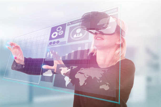 istock Modern girl with virtual reality or 3d headset 842853118