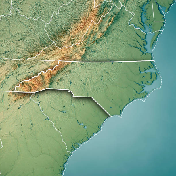 North Carolina State USA 3D Render Topographic Map Border 3D Render of a Topographic Map of the State of North Carolina, USA.
All source data is in the public domain.
Color texture: Made with Natural Earth. 
http://www.naturalearthdata.com/downloads/10m-raster-data/10m-cross-blend-hypso/
Boundaries Level 1: USGS, National Map, National Boundary Data.
https://viewer.nationalmap.gov/basic/#productSearch
Relief texture and Rivers: SRTM data courtesy of USGS. URL of source image: 
https://e4ftl01.cr.usgs.gov//MODV6_Dal_D/SRTM/SRTMGL1.003/2000.02.11/
Water texture: SRTM Water Body SWDB:
https://dds.cr.usgs.gov/srtm/version2_1/SWBD/ mt mitchell stock pictures, royalty-free photos & images