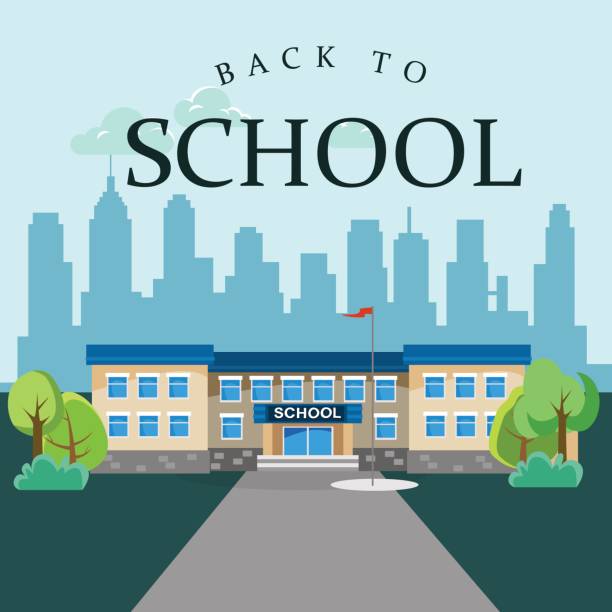 ilustrações de stock, clip art, desenhos animados e ícones de modern school buildings exterior, student city concept, elementary school facade urban street background, icon vector illustration - elementary school building