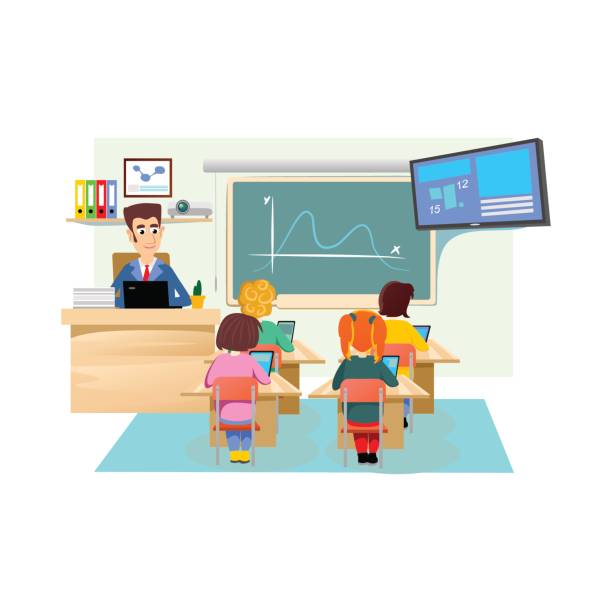 Lesson in classroom at school or college, teacher explains lesson near desk in front of students, Children sit on chairs at their desks table to listen teacher, education concept vector illustration Lesson in classroom at school or college, teacher explains lesson near desk in front of students, Children sit on chairs at their desks table to listen teacher, education concept vector illustration. seminar classroom lecture hall university stock illustrations