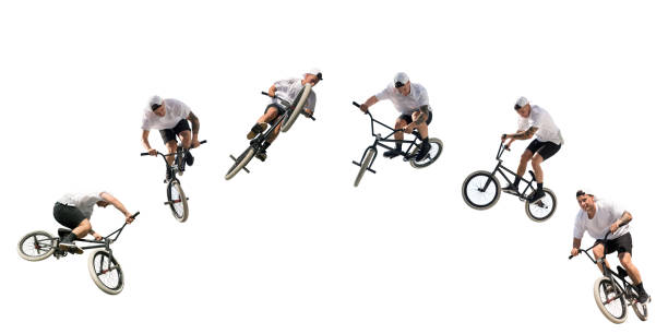 young bmx bicycle rider on white – isolated with clipping path - bmx cycling bicycle street jumping imagens e fotografias de stock