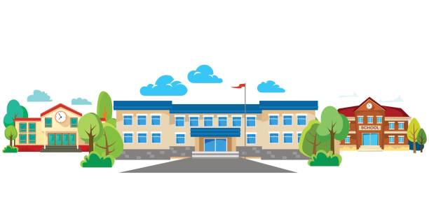 istock modern school buildings exterior, student city concept, elementary school facade urban street background, icon vector illustration 842861566