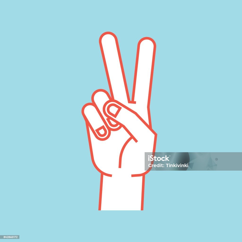 Gesture. Stylized hand in the form of V letter. Victory. Icon. Gesture. Stylized hand in the form of V letter. Victory. Icon. Vector illustration on a blue background. Index and middle fingers up. Making peace sign. Orange lines, white silhouette. Peace Sign - Gesture stock vector