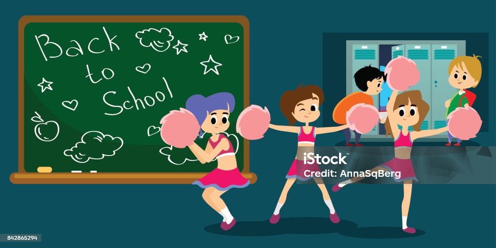 cheerleader dancing in uniform with pom poms, teenager girl school team concept, elementary and high school sport activity vector illustration cheerleader dancing in uniform with pom poms, teenager girl school team concept, elementary and high school sport activity vector illustration. Adult stock vector