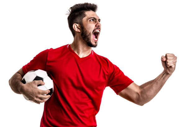 istock Fan / Sport Player on red uniform celebrating on white background 842865926