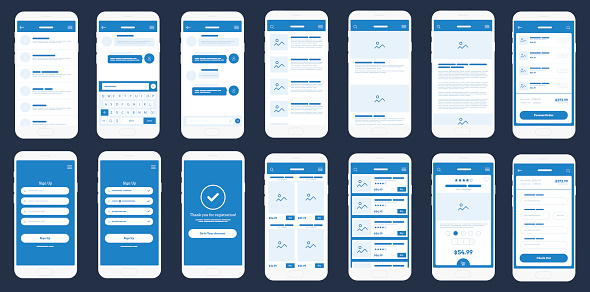 Mobile App Wireframe UI Kit. Detailed wire frame for quick prototyping. Set of mobile concept screens design mock-up. Big Vector set of mobile screens.